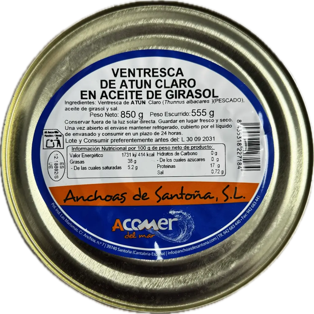 Ventresca De Atún Claro En Aceite De Girasol Acomer 850Gr